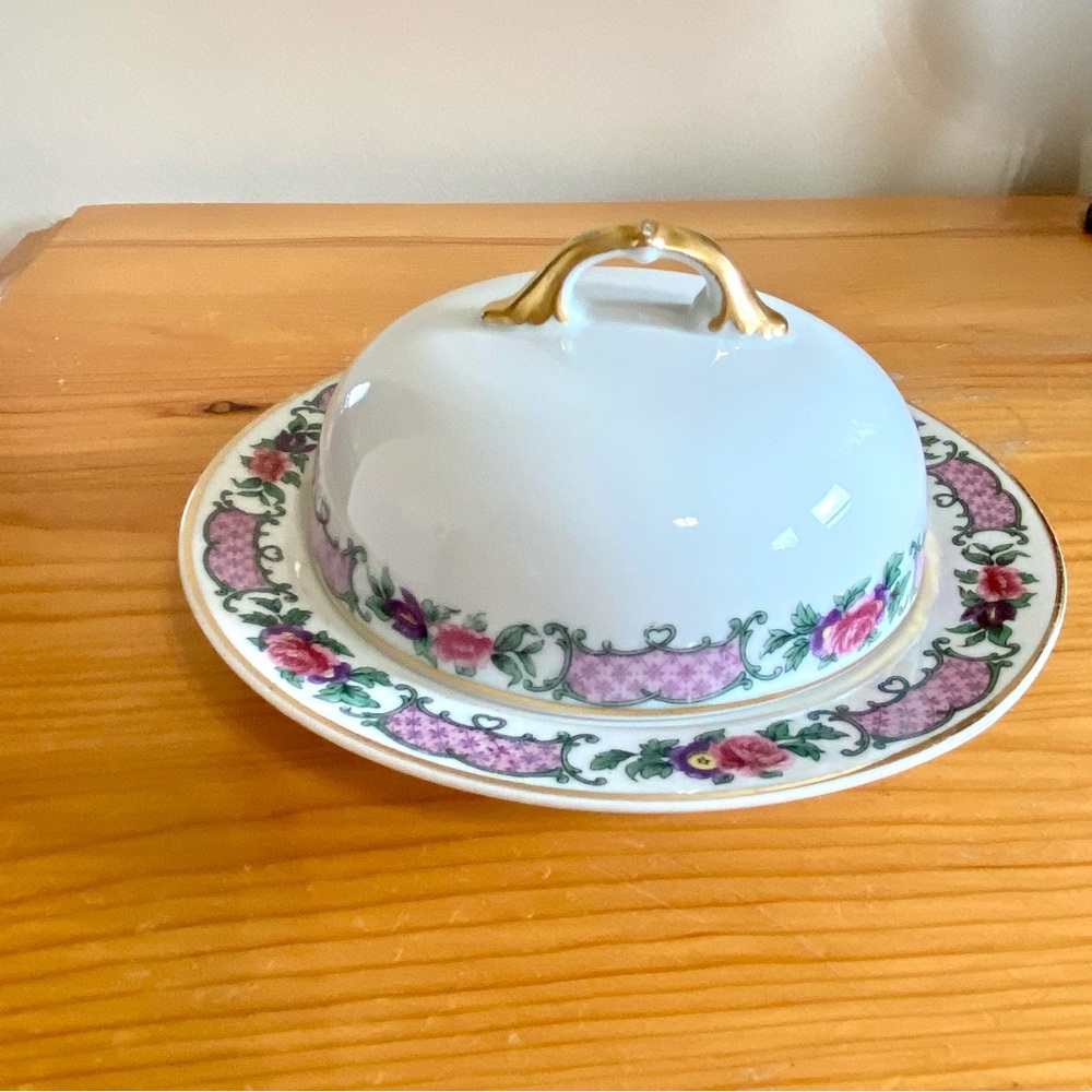 Antique H&C Selb Bavaria Covered Butter Dish Porcelain Pink Green Floral Antique